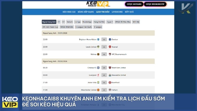 Tại KEONHACAI88, chúng tôi luôn khuyên anh em hãy bắt đầu quy trình soi kèo bằng việc kiểm tra lịch đấu từ sớm để có cái nhìn tổng quan nhất